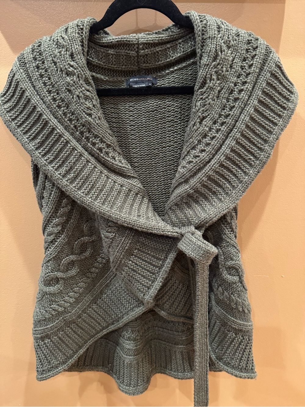 BCBGMaxAzria Olive Cable Knit Shawl-Collar Belted Cardigan size XL